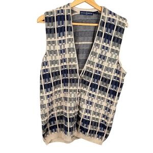 Cape Isle Knitters Mens XL Blue Geometric Cotton Button Front Sweater Vest VTG